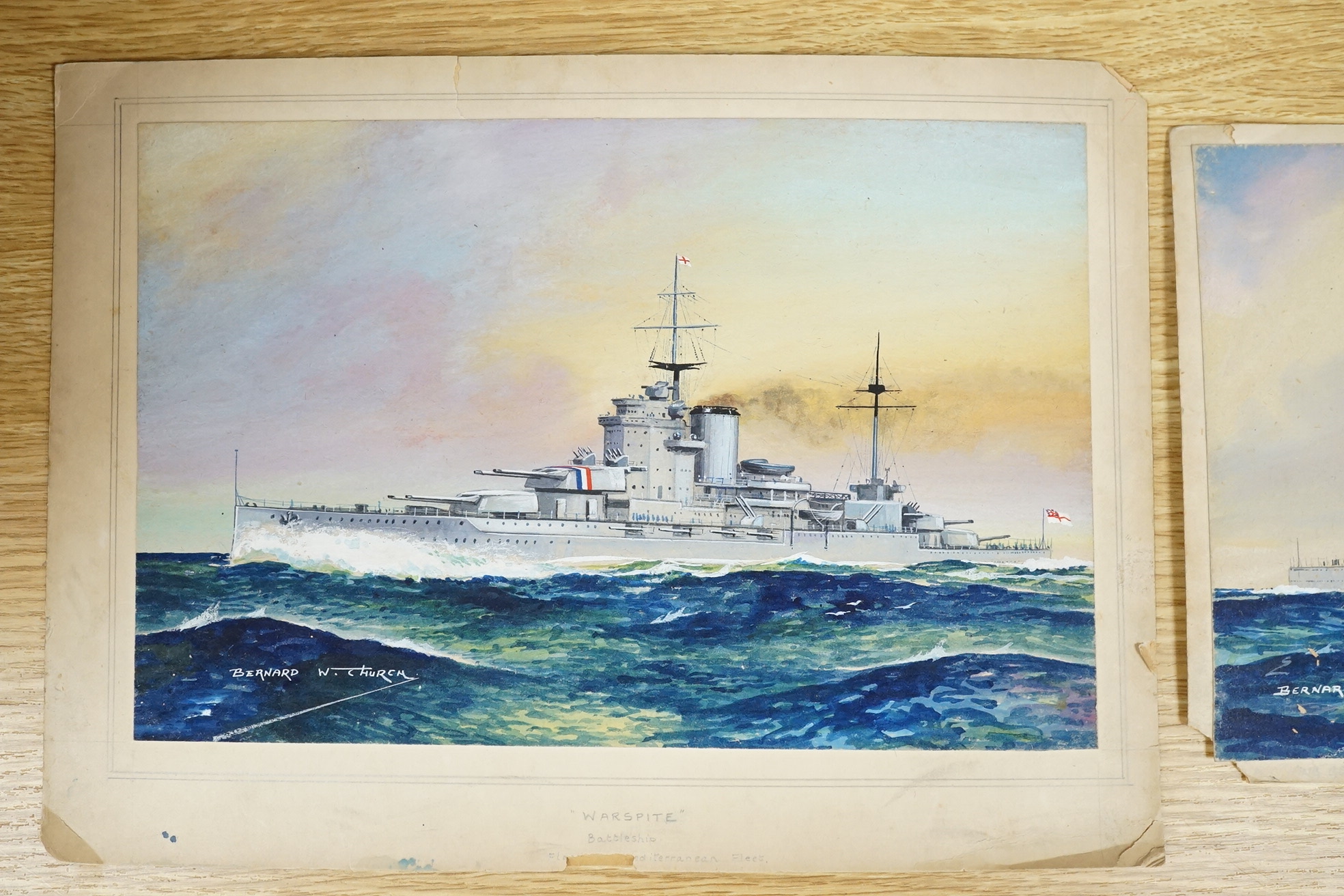 Bernard Church, two original watercolours for postcard designs, WWII Royal Navy battleships comprising: HMS King George V and HMS Warspite, each with original captions verso, signed, largest 24 x 32cm, unframed. Conditio
